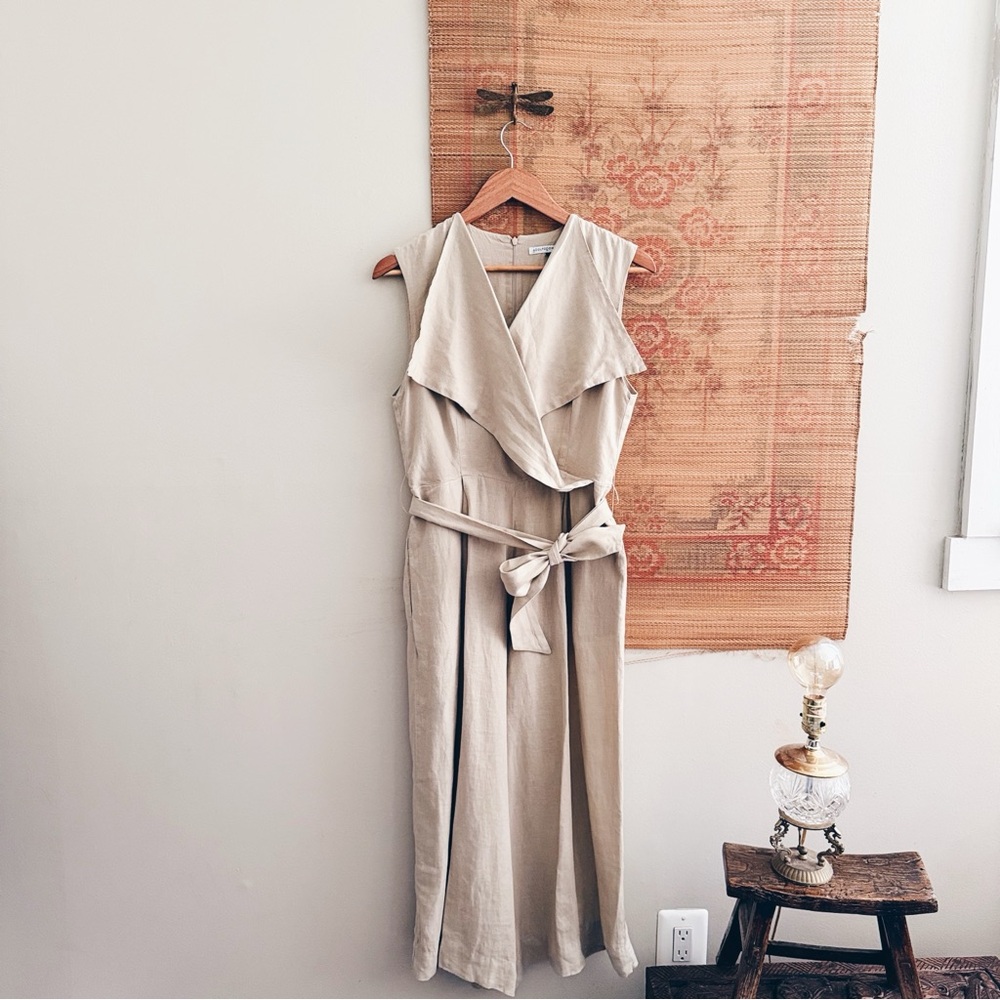 Adolfo Dominguez Linen Cropped Neutral Tan Wide Leg Jumpsuit size Small